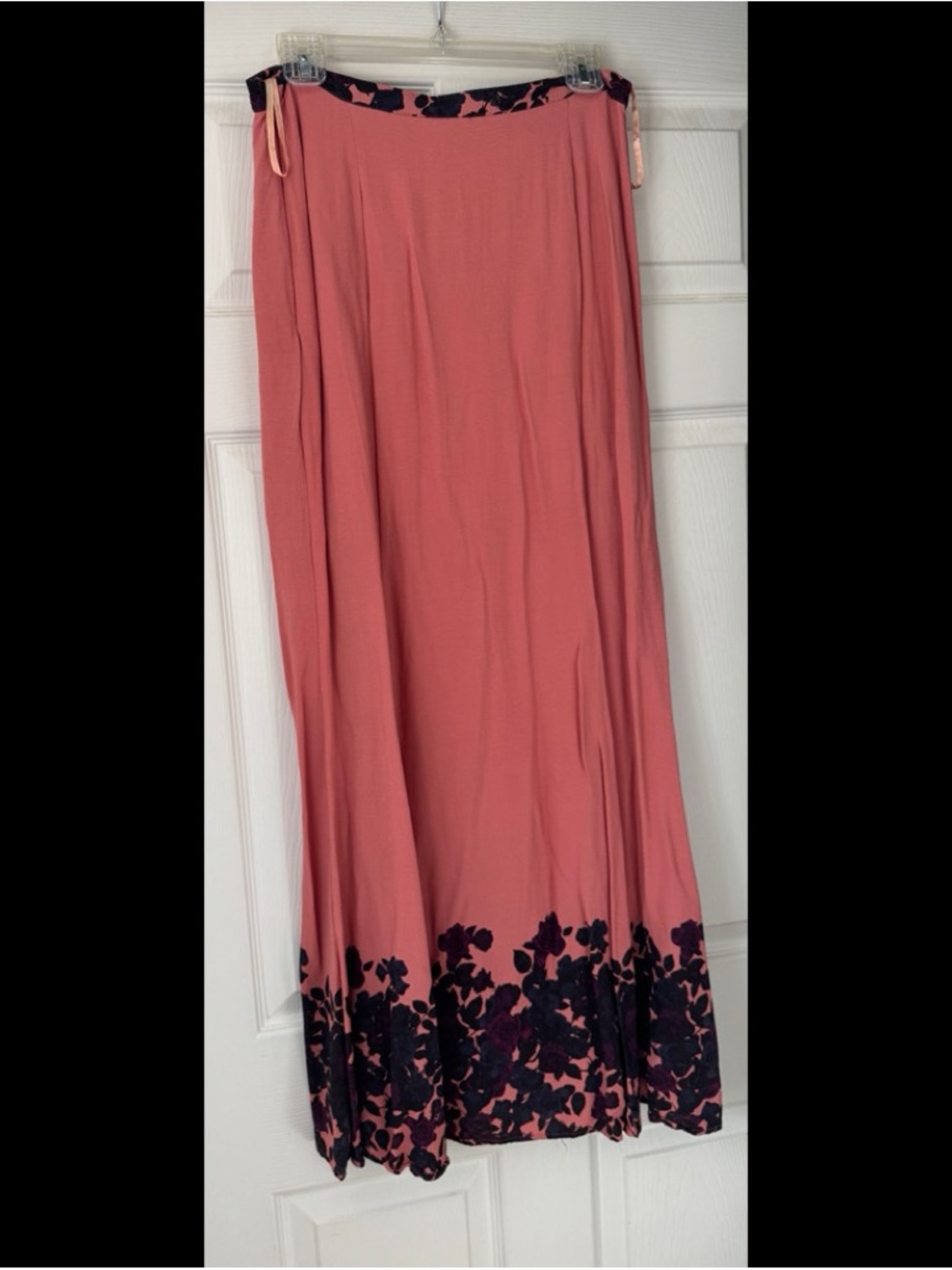 Coral Maxi Skirt with Black Floral Border - Picture 2 of 4